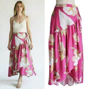 Cynthia Rowley Maxi Wrap Skirt Flowy Ruffle High Low Hem Floral Bright Pink M